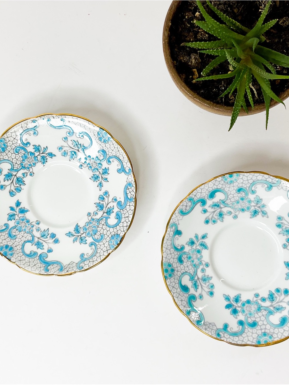 Vintage Blue Floral Bone China Saucers Gold Trim Set 2 - Picture 2 of 6